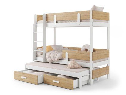 Poschodová posteľ s prístelkou Ettore 90x200 - biela/dub